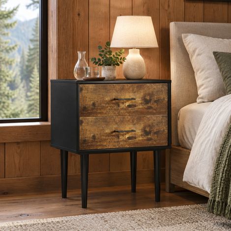 Comodino rétro in MDF marrone vintage con 2 cassetti, 50,8 x 38,1 x 33,47 cm DESVIAE (1/5)
