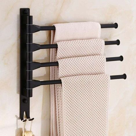 Wall-mounted swivel towel rack for bathroom - Rotating support to save space - 4 arms - Black (1/4)