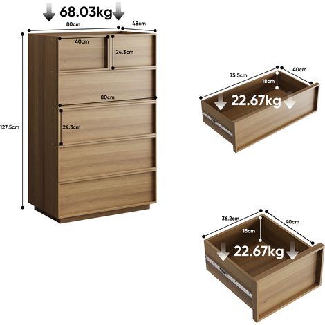 Table de toilette moderne en bois chêne, 80x48x127 cm, commode 6 tiroirs, meuble de rangement pour salon, chambre ou couloir