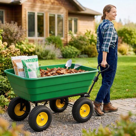 Chariot de Jardin à Main Benne basculante 75° 125L Charge Max. 200 Kg 4 Roues pneumatiques Acier PP Jaune Vert (1/5)