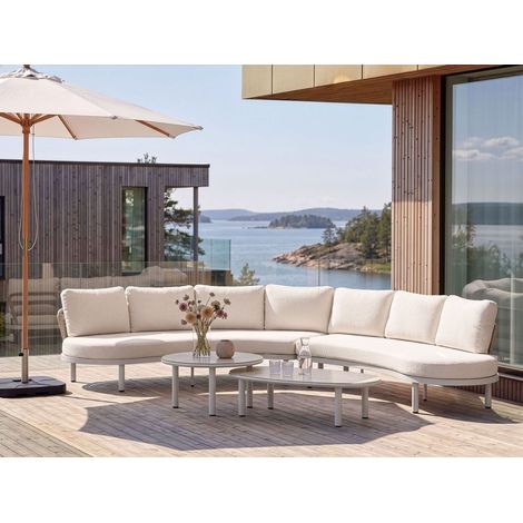 Conjunto modular de exterior sofá curvo con mesa 6 plazas estructura de metal tablero de vidrio templado beige claro Oriolo (1/5)