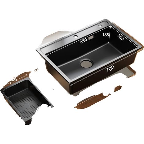 Évier de cuisine, granit composite, design à un bol, Noir (1/2)