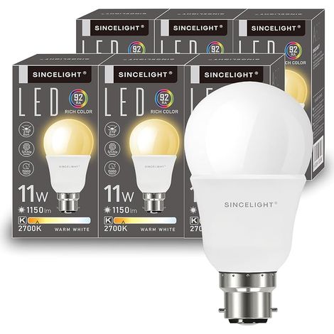 Ampoules à LED 11W avec culot B22, 1150 Lumens (équivalent 100W incandescente) Blanc Chaud 2700K, culot baïonnette BC, Ampoules économiques GLS, Lot de 6 (1/5)