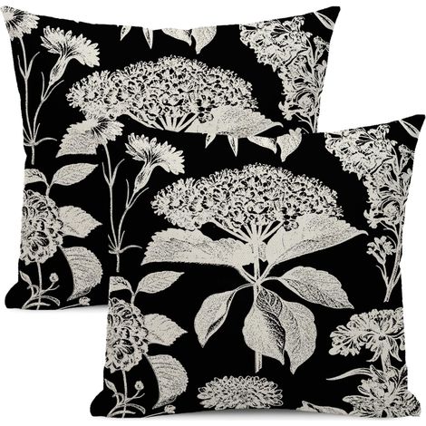 Taies d'oreiller en lin noir et blanc à motif d'hortensias (lot de 2, 50 x 50 cm), idéales pour canapé et décoration extérieure. (1/5)