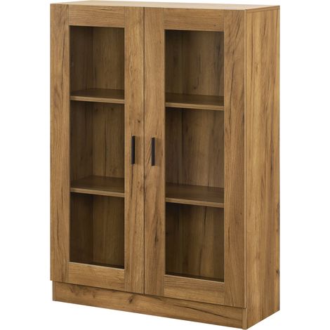 Armoire étagère meuble de rangement vitrée 115 x 80 x 31 cm effet chêne (1/5)