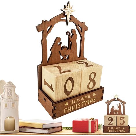 Calendrier Avent En Bois Crèche Noël Ornement de Table de Crèche à 25 Jours de Décorations Bureau Avent Noël Décoration Ludique pour Maison Fêtes Salon Chambre Étagère (1/5)