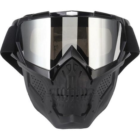 Masque de protection moto Skull 2024, monture noire, verres argentés, en mousse PC détachable et réglable, idéal pour le tout-terrain et la randonnée. (1/5)