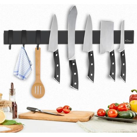 Magnetic Knife Rack with 3 Hooks, 40 cm Black Bread Rack without Drilling, Extra Strong Magnet Knife, Optional Installation with Adhesive Tape or Screws for a Tidy Kitchen (1/5)