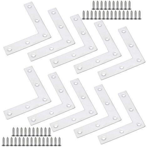 Plaques en Acier Inoxydable de Renfort d'Angle, 10 Pièces Equerre de Fixation Plats, Supports d'Angle Plats, Support d'Angle d'Angle, Pour la Réparation de Meubles, Tabourets, Tables, Portes (1/4)