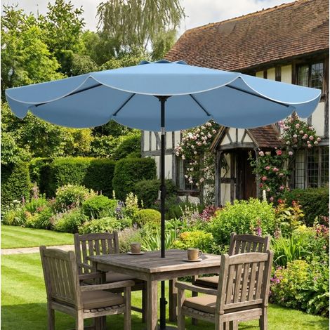 Parasol rond 265x235 cm avec manivelle, inclinable 3 positions, en métal, bleu ciel, pour terrasse et jardin (1/5)