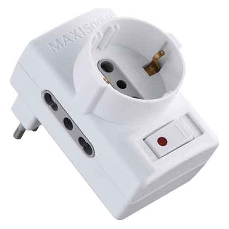 ADATTATORE TRIPLO C/INTERRUTTORE SOVRACCARICO 16A 2P+T - presa 10/16A 2P+T - Col. Bianco - ELECTRALINE
