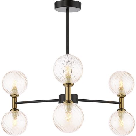 Dar Takara Plafonnier semi-encastré Takara 6 lumières, noir mat et bronze, verre ambré torsadé