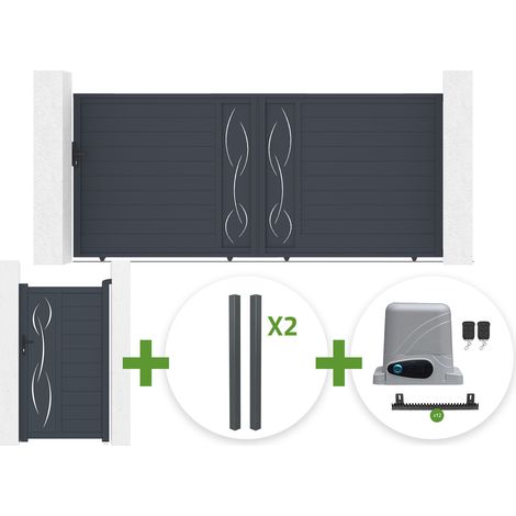Portail coulissant 4m LIFE H.180cm gris + Portillon 1m LIFE H.180cm gris + 4 poteaux ELDA + motorisation Ranger C300 (1/5)