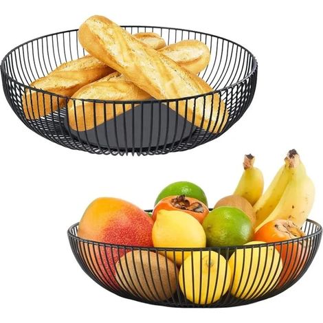 Lot de 2 corbeilles métal noir mat, 27,5 x 9 cm, design ajouré, décoratives et modernes pour fruits, légumes, pain. (1/5)
