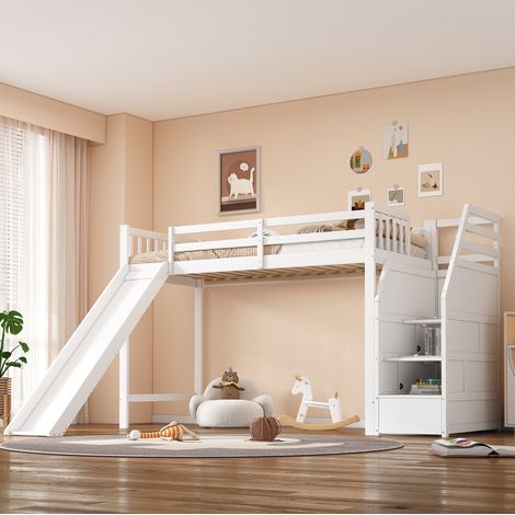 Lit mezzanine enfant 90x200 cm en pin et MDF blanc, avec toboggan, escalier de rangement et norme EN747 (1/5)