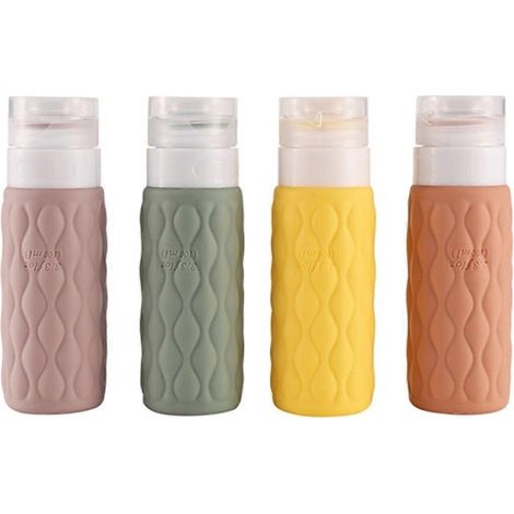 Lot de 4 flacons de voyage en silicone de 100 ml, étanches et souples, pour produits de toilette : shampoing, crème, après-shampoing, lotion, savon. (1/5)
