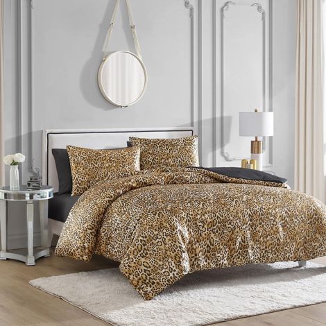Parure de lit King Size en Satin avec Housse de Couette et taies d'oreiller Motif léopard 3 pièces Lavable en Machine Réversible Imprimé Animal (1/5)