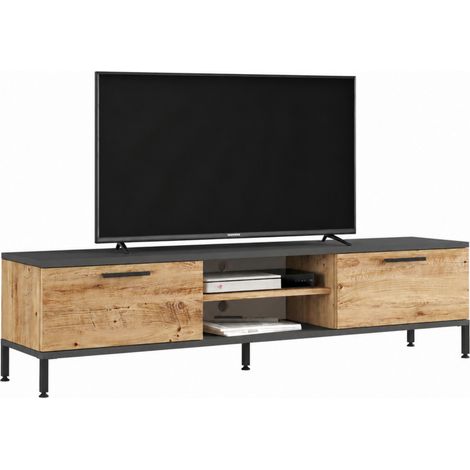 Meuble TV 65 Pouces 2 Portes 4 Niches Chêne et Gris L 160 H 39.1 P 35 cm (1/5)