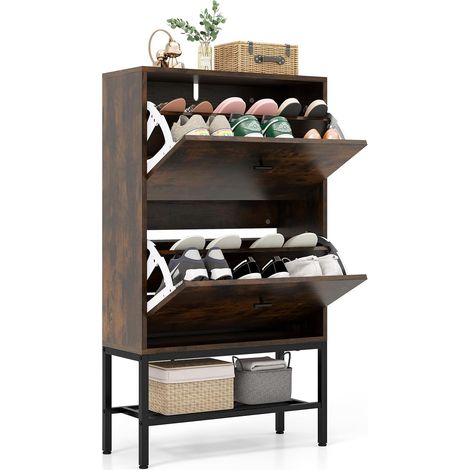 COSTWAY Meuble a Chaussure 15 Paires, Armoire a Chaussures 2 Portes, Étagère Amovible et Réglable, Tablette Inférieure, Meuble Chaussure Entree, Kit Anti-basculement, 60 × 24 × 106 cm (Industriel) (1/5)