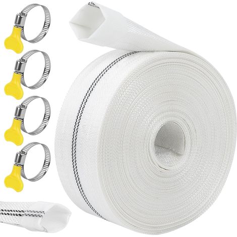 LEDANDER Tuyau d'arrosage et de drainage pour jardin, tuyau tressé en polymère blanc, tuyau plat en tissu, 1,2 pouce 20 m, avec 4 colliers de serrage (1/5)