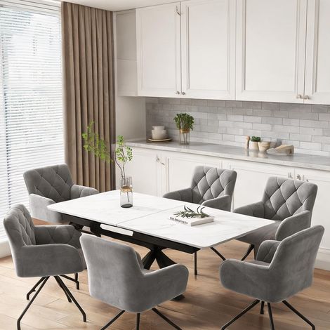 6 fauteuils de salle à manger en velours gris clair avec support (1/5)