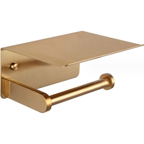 Toilet Paper Holder, Wall Mounted Toilet Paper Holder with Storage Shelf, Self Adhesive，Aluminum(Gold)