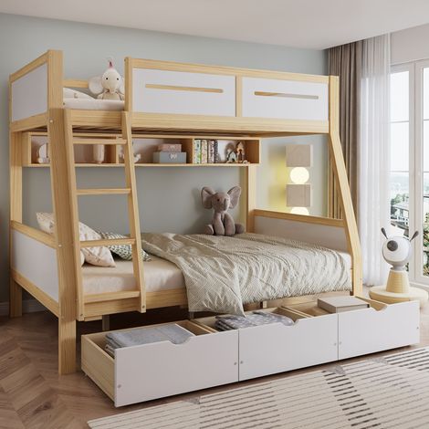 Lit superposé enfant 90x200 et 120x200 cm avec tiroirs, barrières sécurité, bois blanc et naturel (1/5)