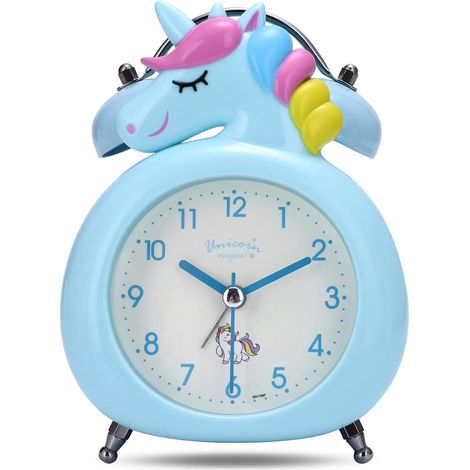 Réveil analogique licorne rose pour enfants, silencieux, double sonnerie matinale, horloge de table avec veilleuse bleue, tic-tac discret (1/5)