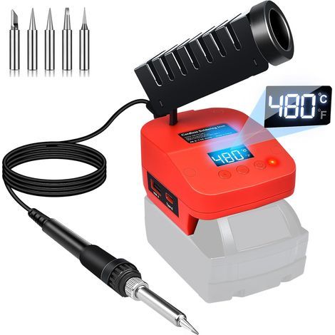 de fer à Souder sans fil Compatible Avec Batterie Milwaukee 18V, de Soudure Portable Avec écran LCD,Conversion de Température C°/F°, Port USB &Type-C pour Bricolage, Réparation D'appareils,Rouge (1/5)