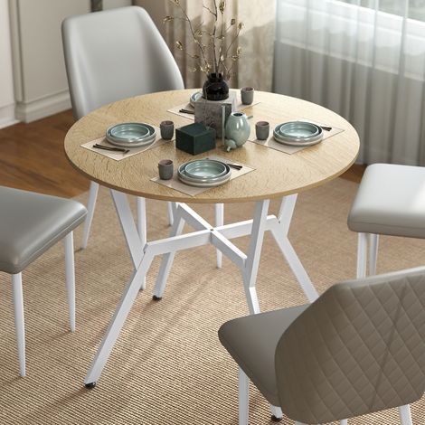 Mesa de Comedor Redonda para 2 Personas Mesa de Cocina Industrial Patas Curvadas de Acero 90x90x76 cm Natural y Blanco (1/5)