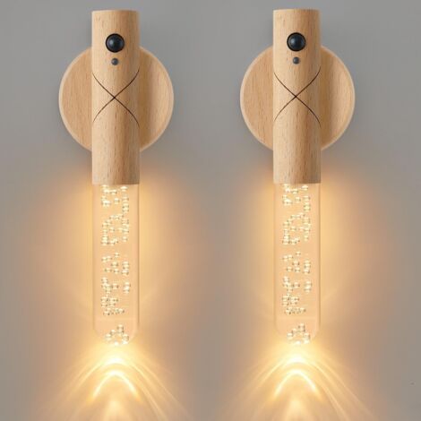 Ensemble de deux lampes à batterie, capteur de mouvement lampe nocturne à batterie Sconce lampe murale rechargeable, éclairage de sconce de peau et de bâton pour couloir d'escalier (bulle en bois de c (1/5)