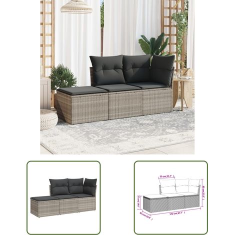 The Living Store Salon de jardin avec coussins 3 pcs gris clair résine tressée - Salon De Jardin - Mobilier De Jardin - Salon Extérieur - Ensemble De Canapés - Canapé D'angle