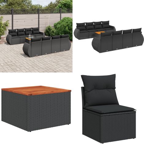 Set Divani da Giardino 9 pz con Cuscini Nero in Polyrattan - Sedute da esterno - Tavolo da giardino