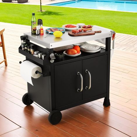 Carrello per barbecue per Esterni con Piano in Acciaio Inox Tavolo per Barbecue, Carrello con Mobiletto Inferiore, 2 Ruote, Carrello da Portata per Grigliare, Tavolino per Barbecue (1/5)