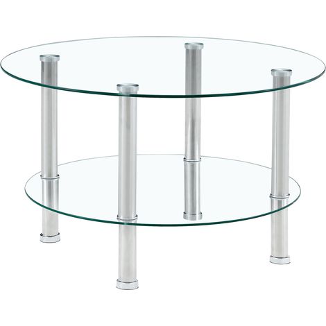 Runder Couchtisch mit 2 Ebenen aus gehärtetem Glas und silberfarbenem Metall (1/5)
