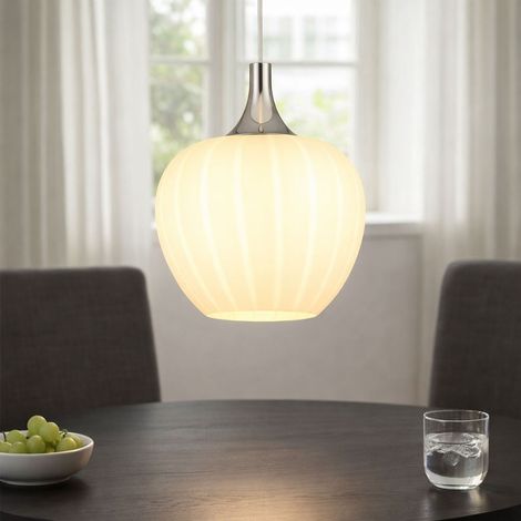 LED Hängelampe Esstischleuchte Pendellampe Glas Wohnzimmerlampe weiß gerillt, Metall weiß verchromt, 10,5W 1055lm warmweiß, DxH 24 x 120 cm