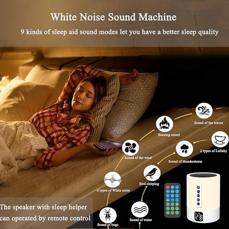 Réveil Enceinte Lampe de Chevet avec Machine à Bruit Blanc, Bruit Blanc Multifonctionnelle Haut-Parleur Veilleuse Reveil Lumineux, (1/4)
