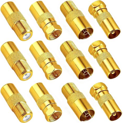 Lot de 12 adaptateurs satellite coaxiaux - Fiche F vers fiche IEC - Alliage de zinc plaqué or - Adaptateur d'antenne - Connecteur coaxial pour connecteurs de câble coaxial, satellites, antennes (1/5)