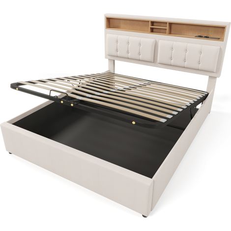 Gepolstertes Doppelbett 160x200 aus Leinen mit Stauraum und USB-C-Anschlüssen (1/5)