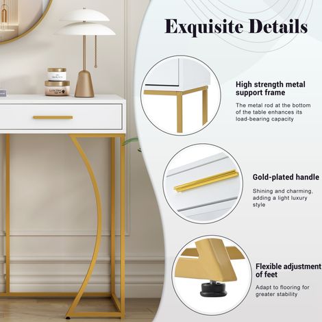 Konsolentisch,Flurtisch mit 2 Schublade ,Leichter Luxus-Stil Beistelltisch, Sofatisch ,110x32x85 cm,Weiß/Gold (1/5)