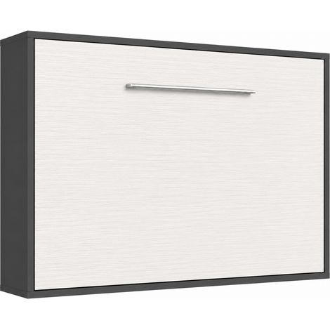 Lit escamotable horizontal avec étagères intérieures BIBLO - Poignée acier brossé 89cm Sans matelas Gris anthracite-80x190-Cadre Anthracite-Façade Chêne blanc (1/5)