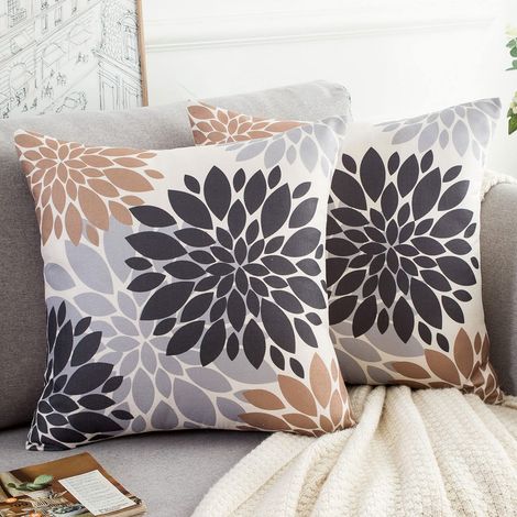 Lot de 2 Housses de Coussin Marron et Gris Fleur Abstraite Simple Lin Durable Imprimé Géométrique Abstrait Taie d'oreiller 50x50cm Carrée Douce Housse de Coussin pour Canapé Banc Lit Voiture (1/5)