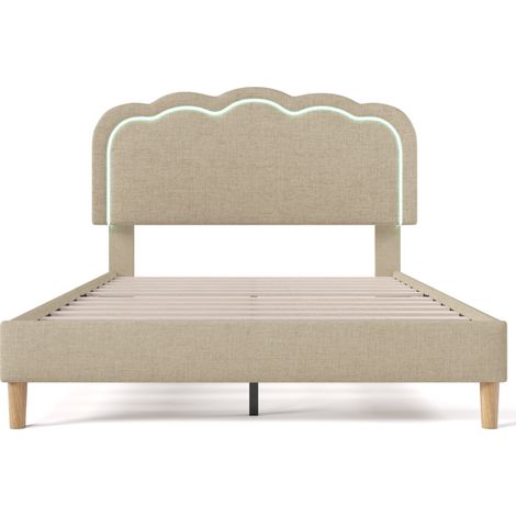 Lit double rembourré LED 140 x 200 cm, cadre de lit avec sommier à lattes et tête de lit réglable, lit capitonné beige, cadre de lit pour chambre d'adolescent et chambre d'amis - matériau en lin (1/5)