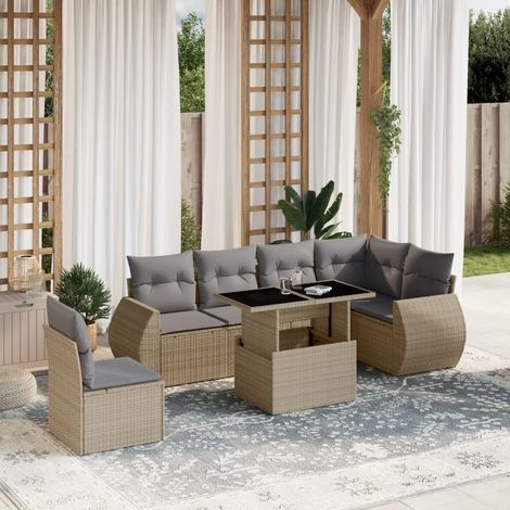 Set sofás de jardín 7 piezas y cojines ratán sintético beige vidaXL (1/5)