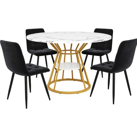 Ensemble table à manger ronde 100x100x76 cm avec 4 chaises en velours noir, plateau MDF effet marbre (1/5)