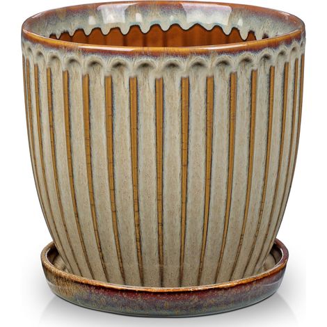 Pot en céramique côtelé, pots de fleurs avec sous-plateaux de drainage pour plantes d'intérieur, décoration rétro pour ensembles de récipients de jardin extérieurs, diamètre d'ouverture 20 cm (1/5)