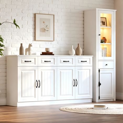 Modernluxe - Ensemble de salon 2 pièces - Buffet et vitrine avec éclairage LED - Grand espace de rangement - MDF - Blanc (1/5)