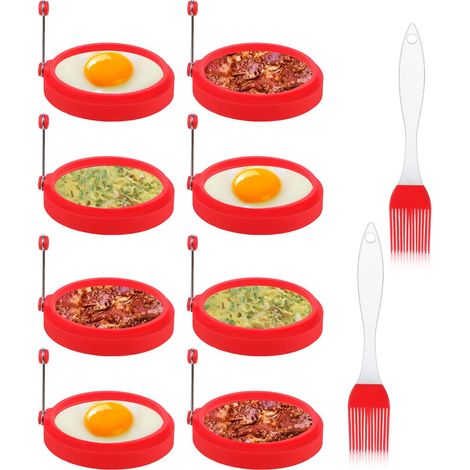 Lot de 8 cercles à œufs en silicone, cercles de cuisson de 10 cm de diamètre, de qualité alimentaire, moules antiadhésifs pour œufs au plat, crêpes et sandwichs pour le petit-déjeuner, avec 2 pinceaux (1/5)