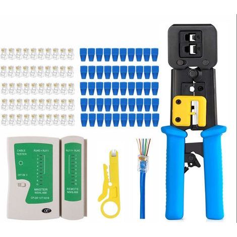 Testeur de câble + outil à sertir RJ45 pour passer à travers CAT6 Cat5e Cat5 Outil à sertir pour RJ45/RJ11 standard, 50 connecteurs CAT5 CAT5e (1/4)