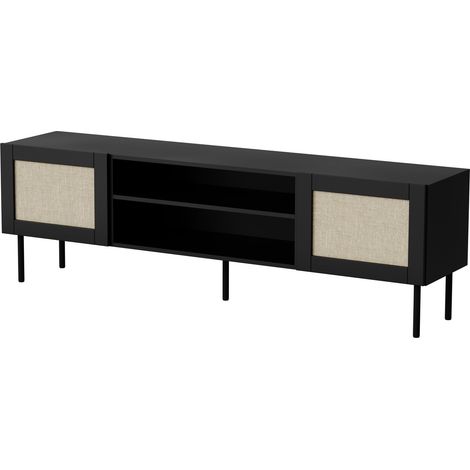 Meuble TV noir 180 cm avec façades en rotin et niche de rangement Rota (1/3)